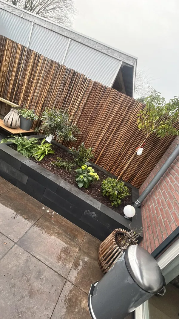 Bloembak met planten en bamboe schutting 