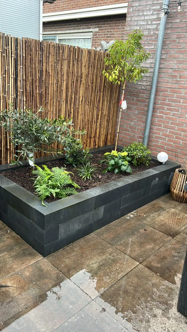 Bloembak met planten en bamboe schutting 